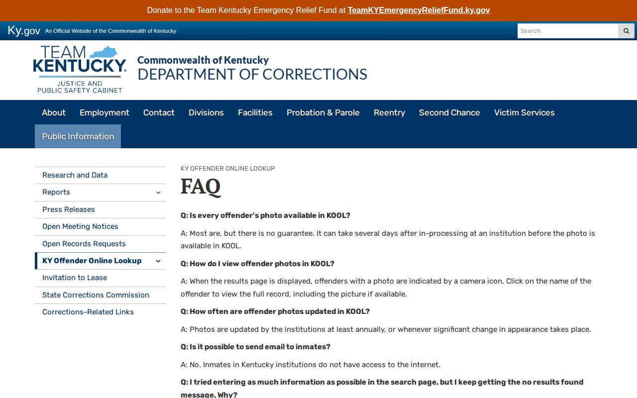 Kentucky DOC offender photo guidance for Rowan County records