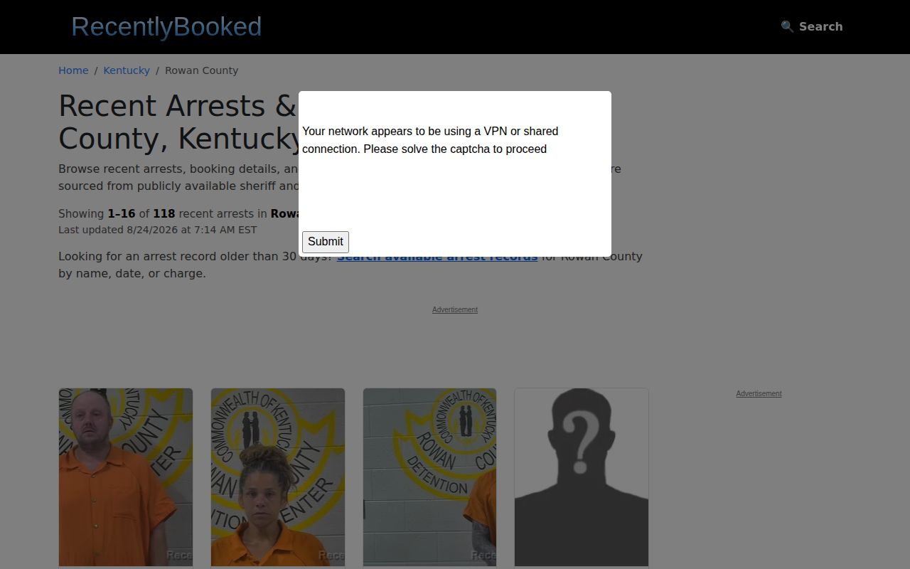 Rowan County unofficial recent booking records page